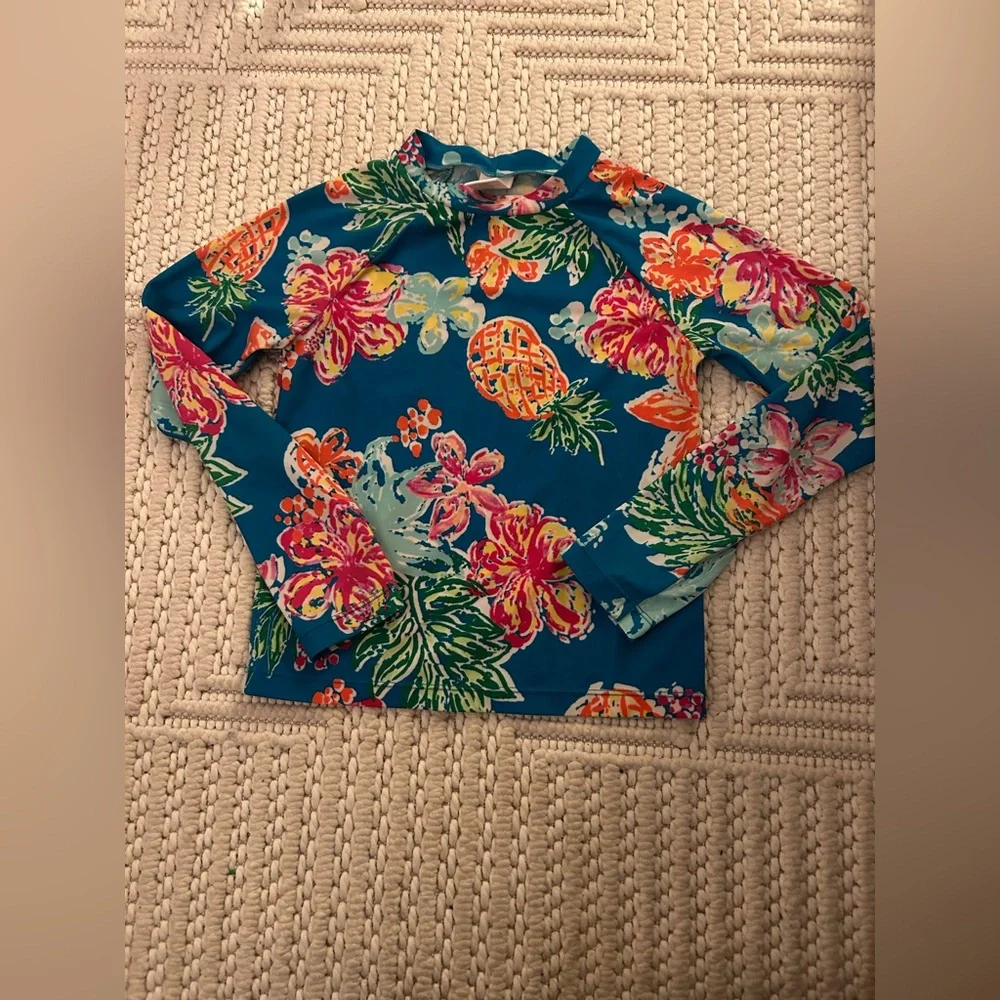 Gymboree Women Sz M (7-8) Blue Pineapple Floral Long Sleeve Rash-guard Swim Top
